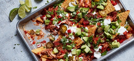 Chipotle Pulled-Chicken Nachos with Avocado & Lime Cream