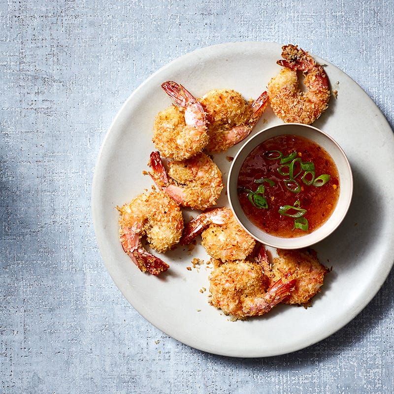 Oven-fried coconut shrimp with orange-chili dipping sauce