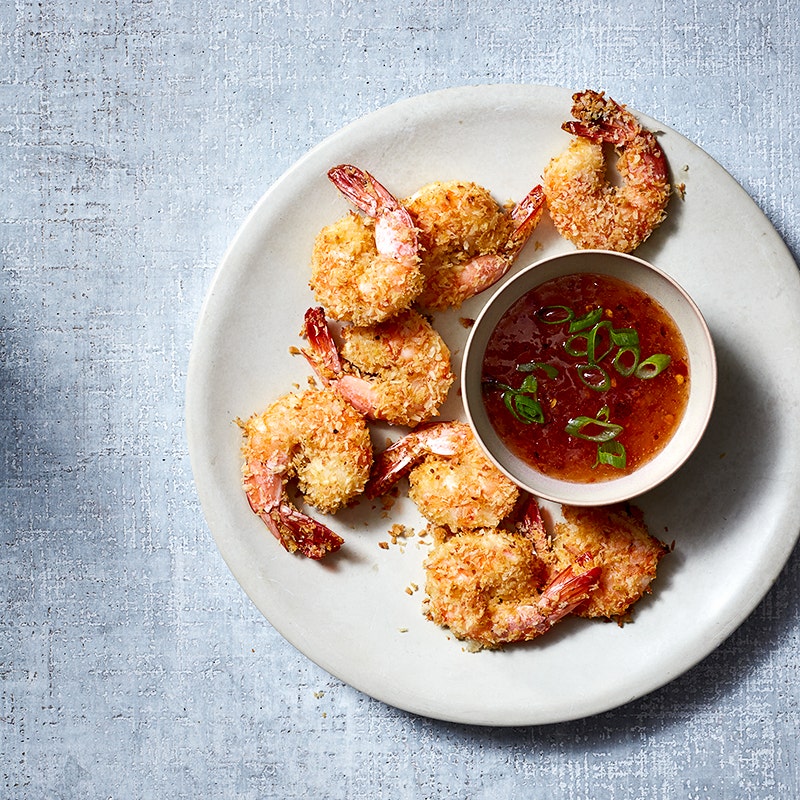 Oven-fried coconut shrimp with orange-chili dipping sauce