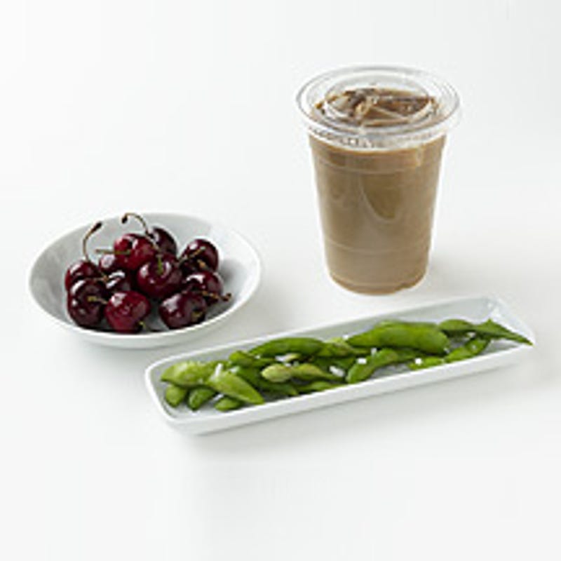 Edamame, a Latte and Cherries