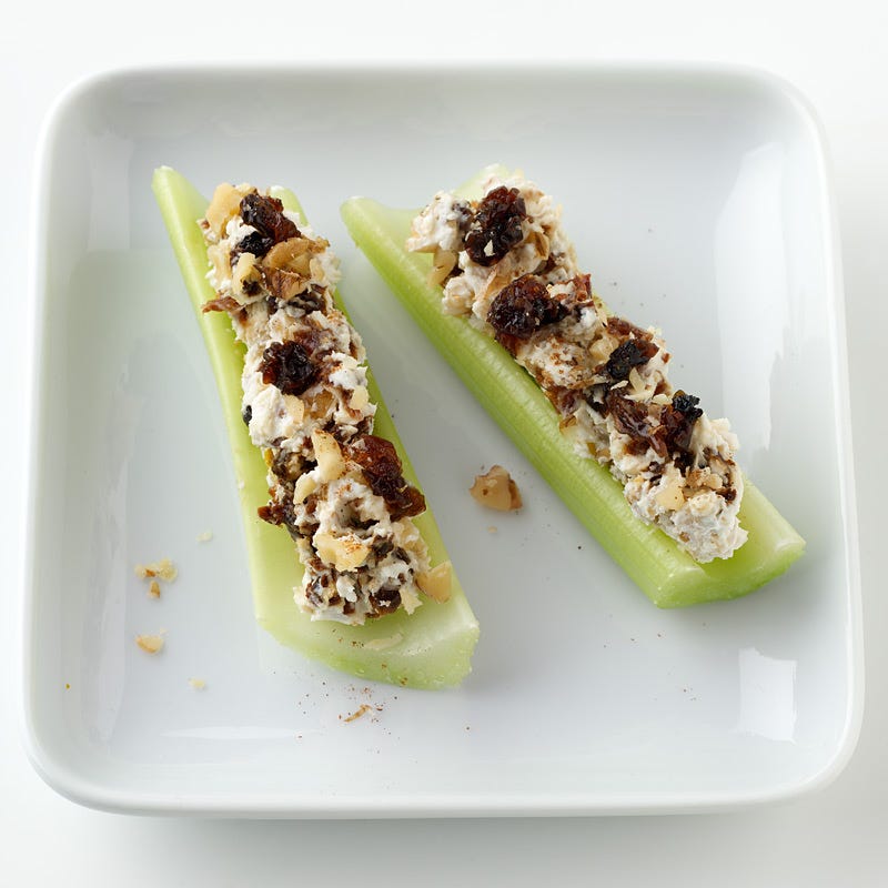 Celery Stuffed with Cream Cheese, Walnuts and Raisins