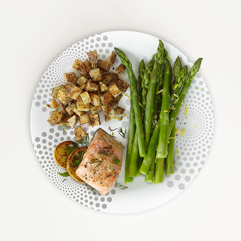 Portion Plate Salmon with Roasted Potatoes and Asparagus