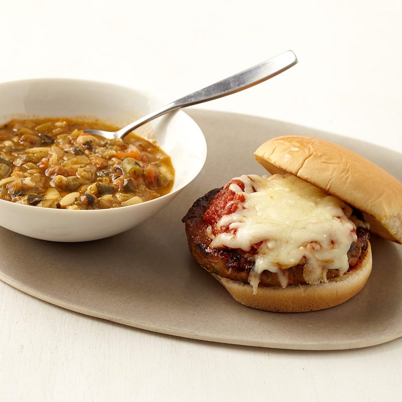 Veggie Pizza Burger and Canned Soup