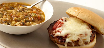 Veggie Pizza Burger and Canned Soup