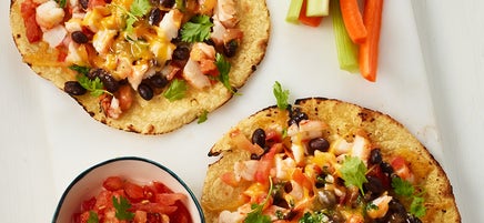 Shrimp and black bean tostadas with crudités and salsa