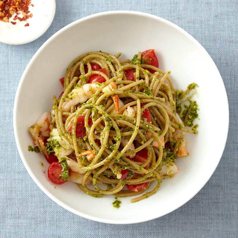 Spaghetti with Shrimp & Pesto
