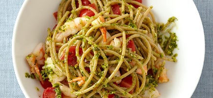 Spaghetti with Shrimp & Pesto