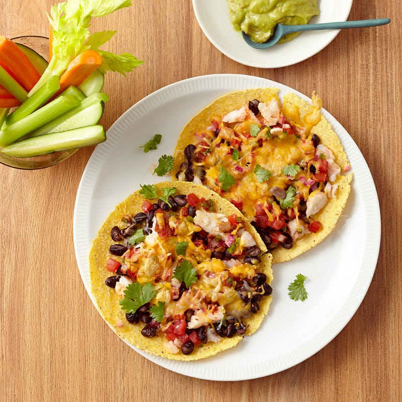 Shrimp, veggie and black bean tostadas