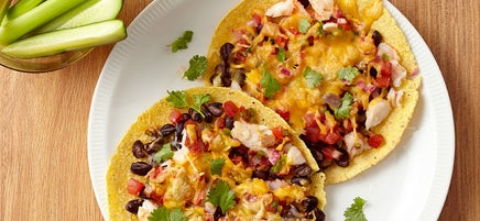Shrimp, veggie and black bean tostadas