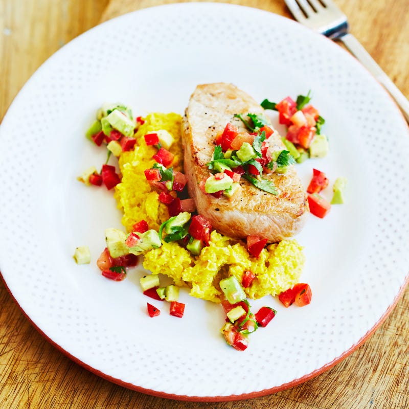 Photo of Pork on fresh creamed corn with avocado & chilli salsa by WW