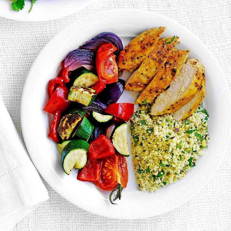 Moroccan chicken with couscous and roasted vegetables