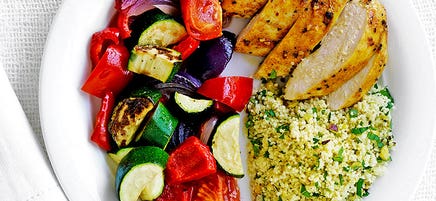 Moroccan chicken with couscous and roasted vegetables