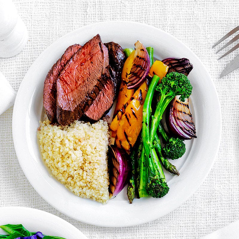 Balsamic kangaroo steak with asparagus and quinoa