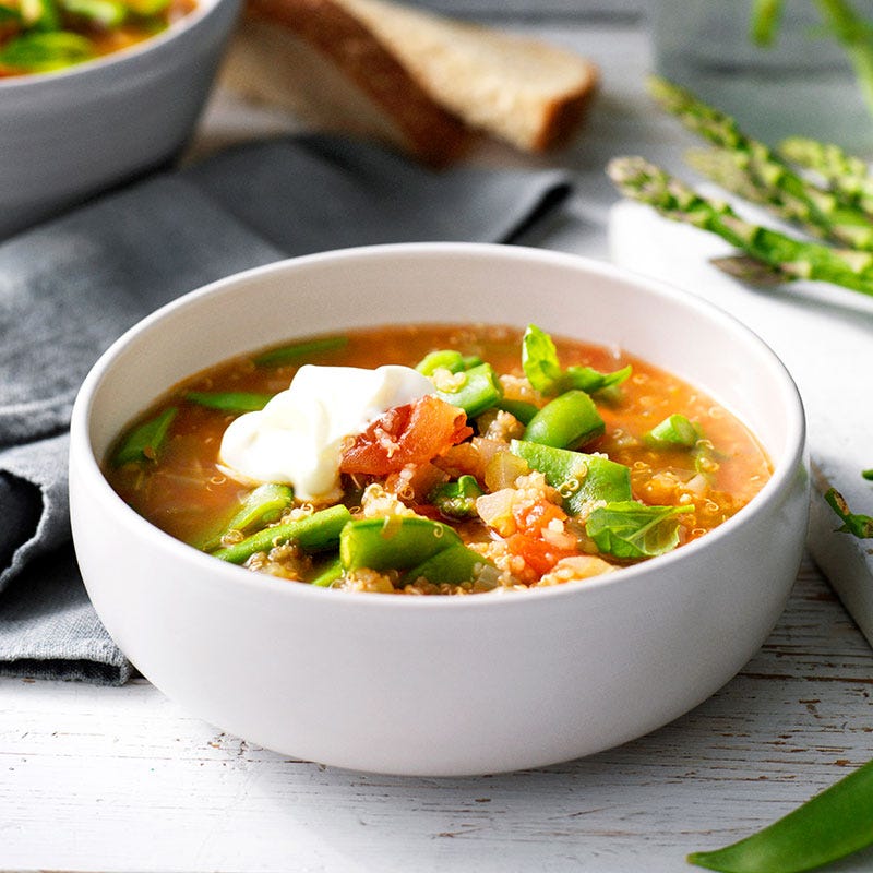 Quinoa, tomato and spring vegetable soup