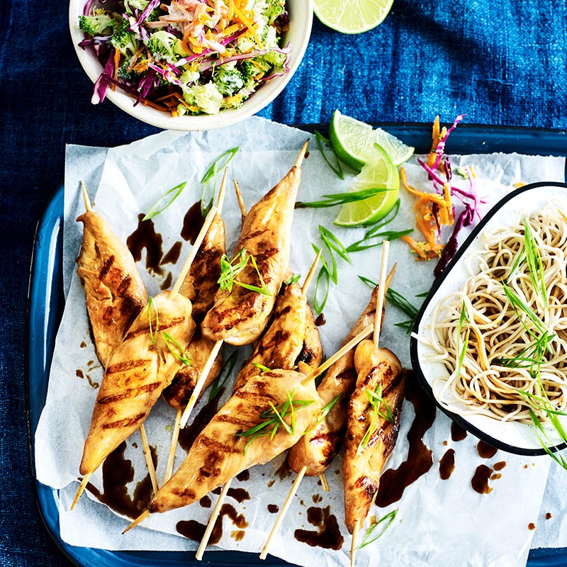 Photo of Chicken teriyaki skewers with broccoli slaw and noodles by WW