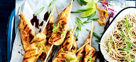 Chicken teriyaki skewers with broccoli slaw and noodles