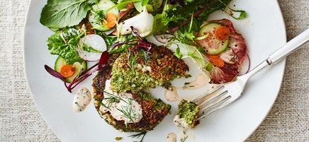Garden veggie burgers with sriracha ranch dressing