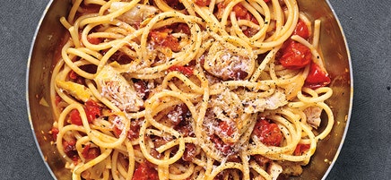 One-Pot Bucatini all’Amatriciana with Artichokes