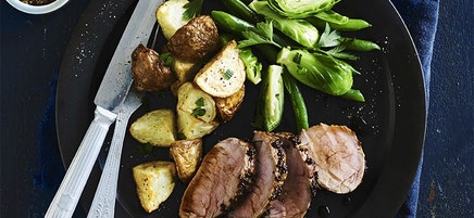 Air fryer balsamic and mustard pork fillet with roasted potatoes