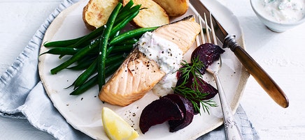 Air fryer crispy salmon with roasted beetroot and tartare sauce