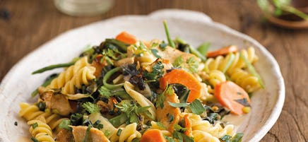 Frühlingspasta mit Pouletbruststreifen