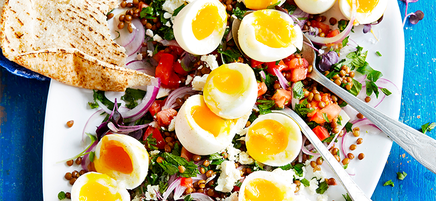 Soft-boiled eggs with warm lentil tabbouleh