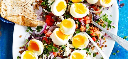 Soft-boiled eggs with warm lentil tabbouleh