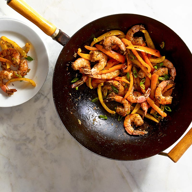 Stir-fried jerk shrimp and peppers
