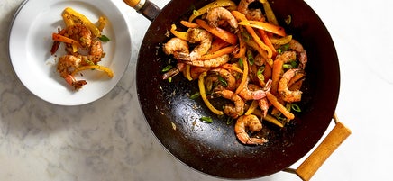 Stir-fried jerk shrimp and peppers