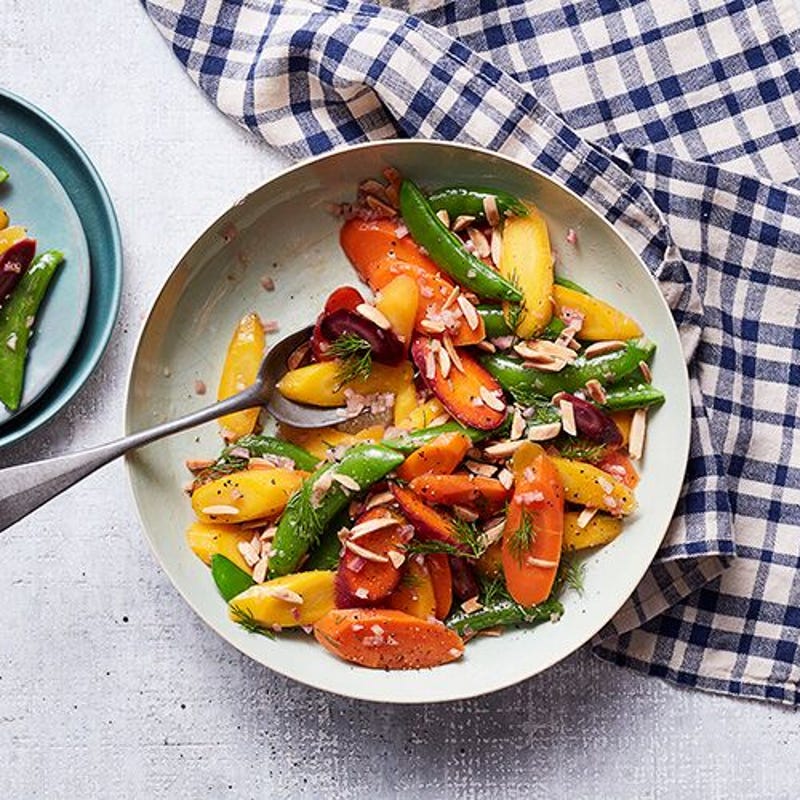 Rainbow carrots and sugar snaps with sherry-dill vinaigrette