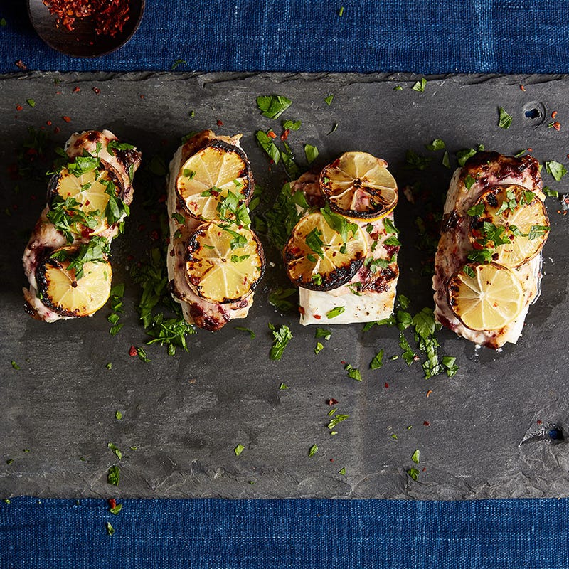 Oven-roasted halibut with charred lemon and rosemary-olive aioli