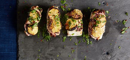 Oven-roasted halibut with charred lemon and rosemary-olive aioli