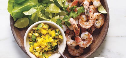 Grilled Shrimp Lettuce Wraps with Sweet Chili Sauce, Mango & Toasted Coconut