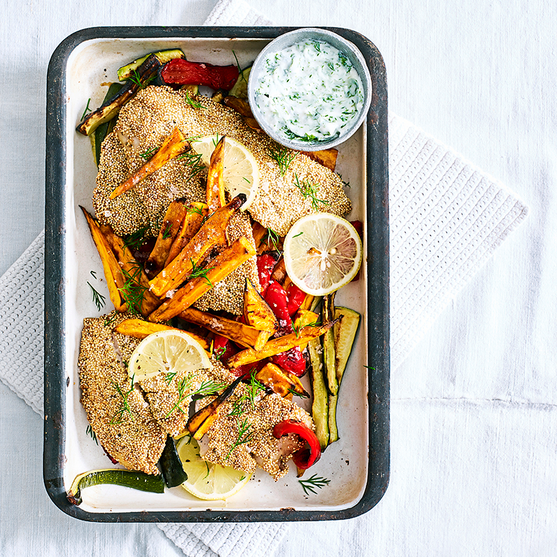 Photo of Quinoa crumbed fish with vegetable chips by WW