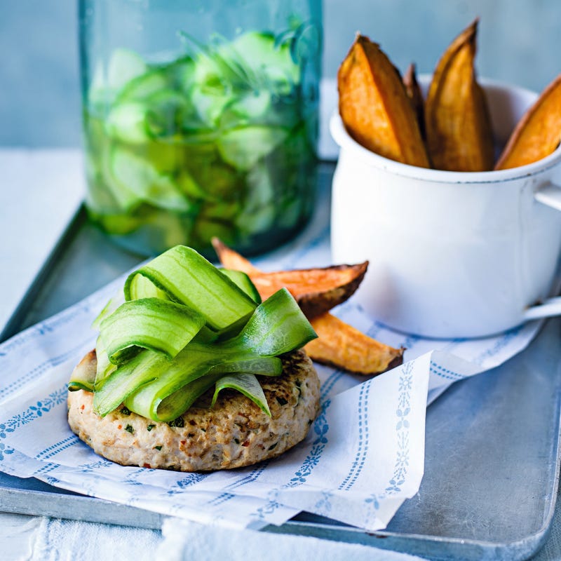 Photo of Turkey burgers with pickled cucumber & wedges by WW