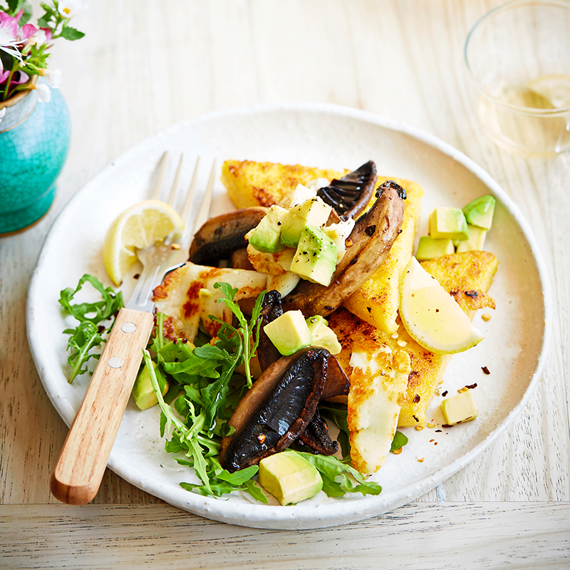 Photo of Chilli mushrooms on crispy polenta with avocado smash and haloumi by WW