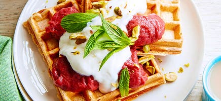 Spelt banana waffles with rhubarb and yoghurt