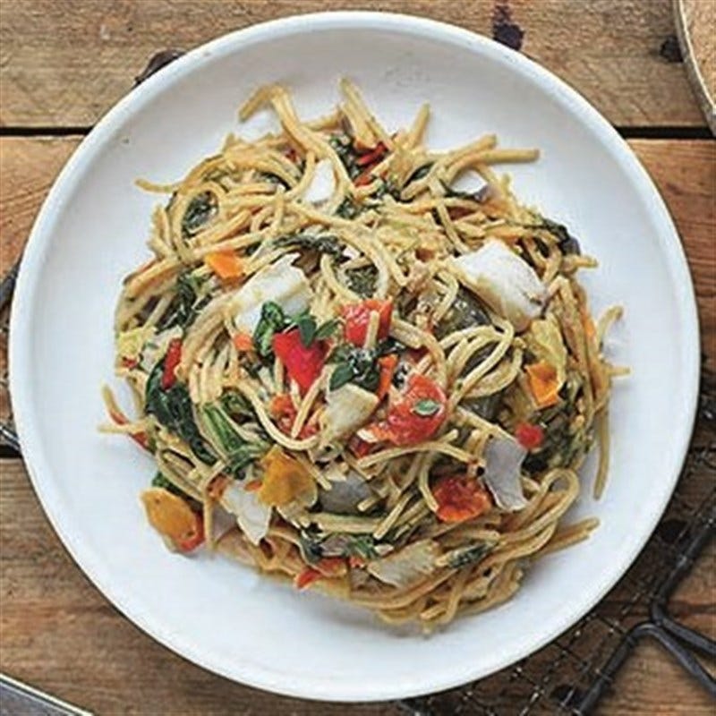 Spaghetti met spinazie en koolvis