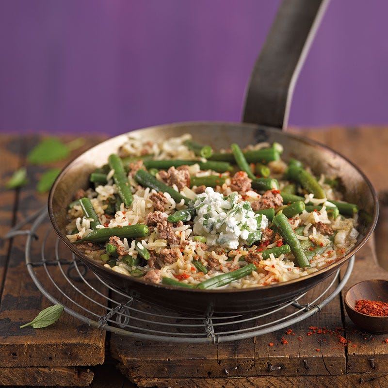 Tatarpfanne mit Reis und grünen Bohnen