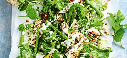 Haloumi, asparagus and Brussels sprouts salad