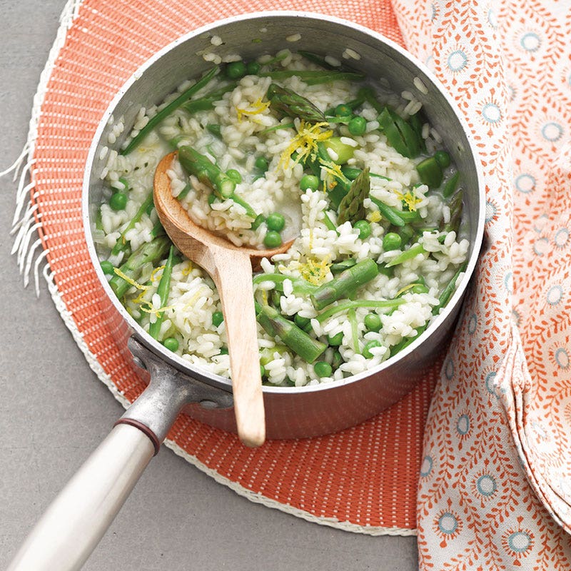 Zuckerschotenrisotto mit Erbsen