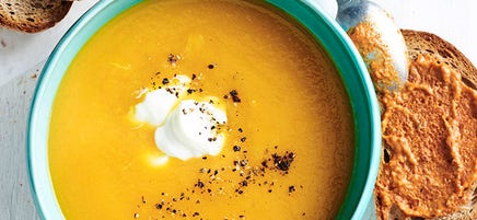 Cream of kumara soup with tomato pesto toasts