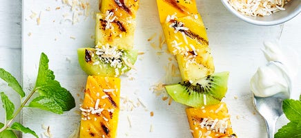 Chargrilled tropical fruit skewers with coconut