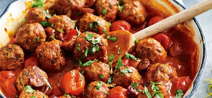 Easy lamb meatballs with tomatoes, olives and chilli