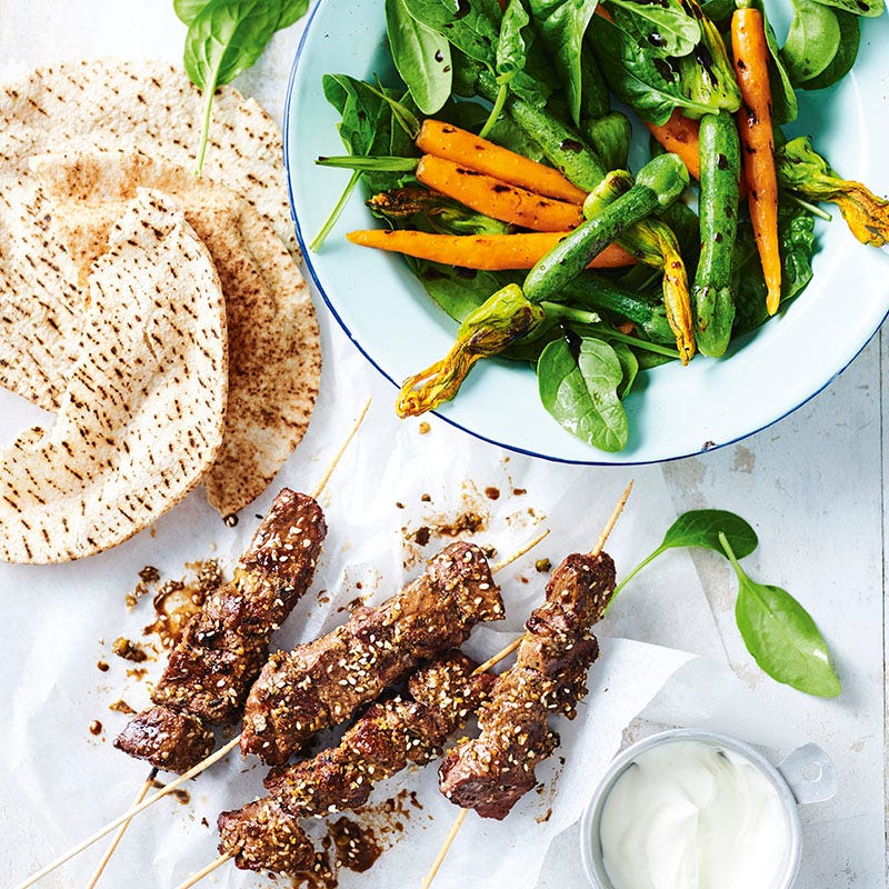 Photo of Dukkah lamb skewers with charred vegetable salad by WW