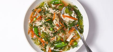 Spring chicken soup with veggies and quinoa