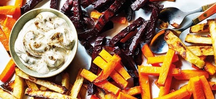 Root veg chips with a spicy yogurt dip