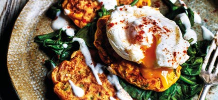 Spiced corn fritters with spinach & poached eggs