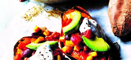 Baked sweet potatoes with veggie chilli