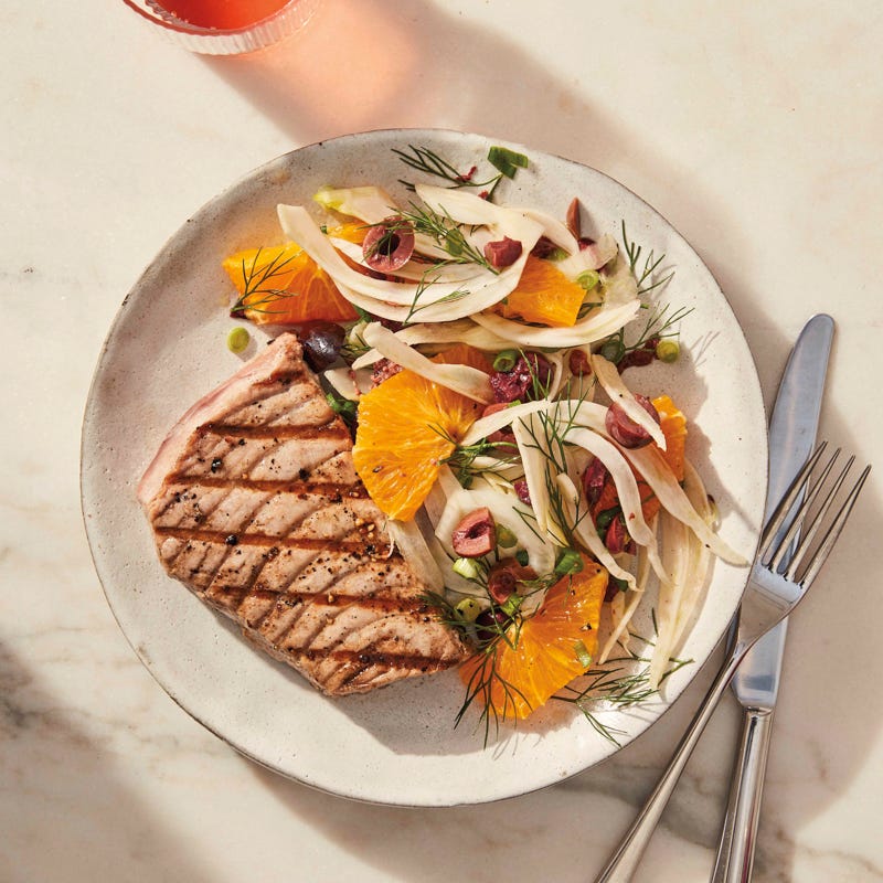 Grilled tuna with fennel, orange, and olive salad